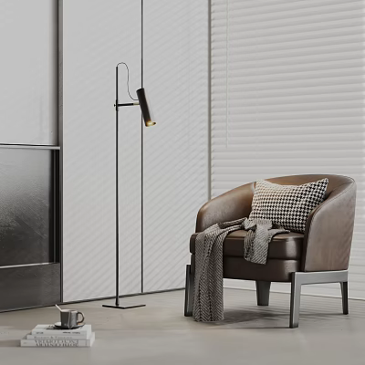 Modern Brown Leather Single Sofa With Plaid Pillow Knit Blanket Floor Lamp And Blinds 3d model