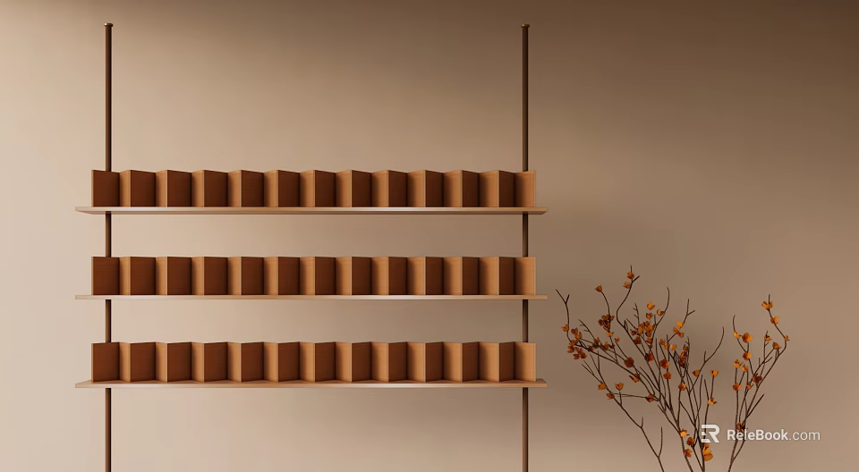 Modern Lounge Room Interior With Multi tiered Wooden Shelves And Dried Branch Decor 3d model 