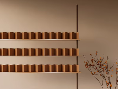 Modern Lounge Room Interior With Multi tiered Wooden Shelves And Dried Branch Decor 3d model