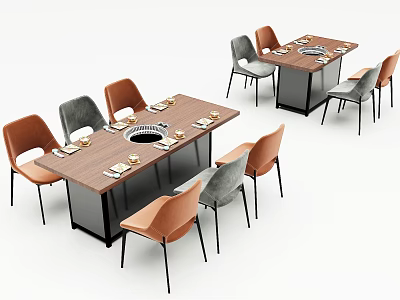 Modern Rectangular Wooden Dining Table and Chair Set with Orange Gray Seats 3d model