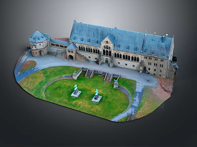 Cartoon Castle Scene Featuring Blue Roof Multi Story Building Green Lawn Pathway And Statues 3d model