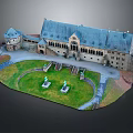 Cartoon Castle Scene Featuring Blue Roof Multi Story Building Green Lawn Pathway And Statues