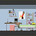 Bedroom Interior With Bed Desk Bookshelf Posters Wooden Floor And Window Blinds