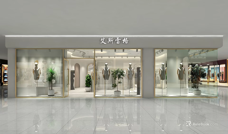 Modern Fashion Clothing Store With Glass Window Displays Mannequins And Green Plants 3d model 