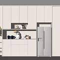 Modern White Wine Cabinet In Kitchen With Refrigerator And Storage Shelves