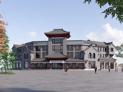 Traditional Chinese Commercial Complex With Multi storey Structure Glass Windows Red Decor Plaza Trees And People 3d model