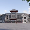 Traditional Chinese Commercial Complex With Multi storey Structure Glass Windows Red Decor Plaza Trees And People