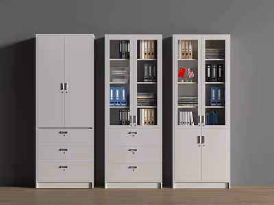 White Office Storage Cabinets With Glass Doors Drawers And Organized Files 3d model