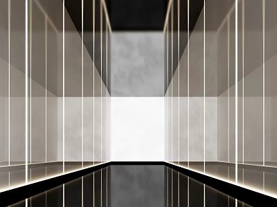 Modern Elevator Corridor Interior Design With Linear Lighting And Mirror Walls 3d model