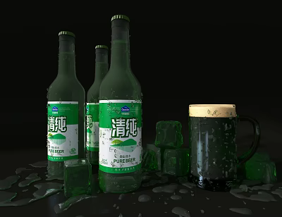 Green Beer Bottles And Foamy Mug With Ice Cubes On Black Surface 3d model