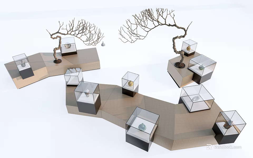 Modern Geometric Display Shelves With Glass Cases And Tree Branch Decorations 3d model 