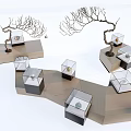 Modern Geometric Display Shelves With Glass Cases And Tree Branch Decorations