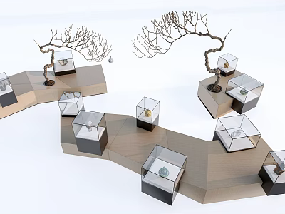 Modern Geometric Display Shelves With Glass Cases And Tree Branch Decorations 3d model