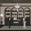 Elegant Study Room Interior With Arched Bookshelves Dark Wooden Desk White Chair And Pendant Lamp