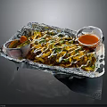 Grilled Meat In Foil Container With Cheese Vegetables And Small Plastic Sauce Cups