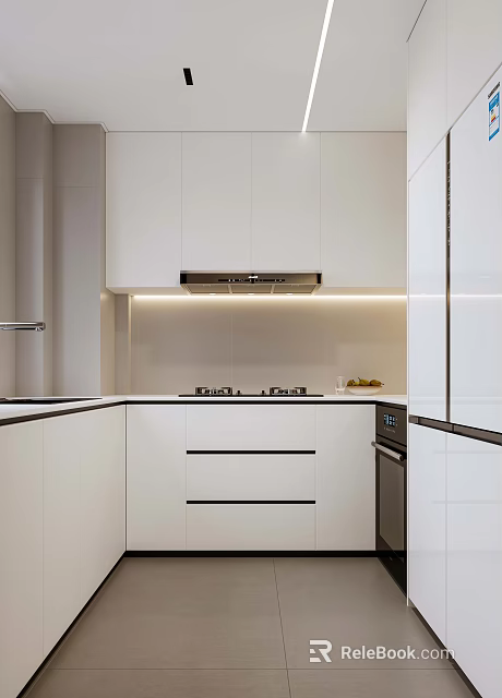 Modern Kitchen Interior With White Cabinets Stove Top Range Hood And Sleek Countertop 3d model 
