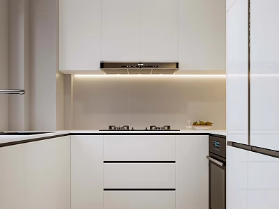 Modern Kitchen Interior With White Cabinets Stove Top Range Hood And Sleek Countertop 3d model