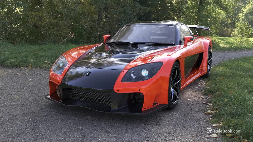Orange And Black Sports Car With Sleek Design On Gravel Road Surrounded By Trees 3d model 