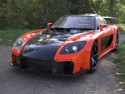 Orange And Black Sports Car With Sleek Design On Gravel Road Surrounded By Trees 3d model