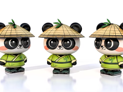 Cute Panda Sculptures With Bamboo Hats Green Outfits And Adorable Faces 3d model