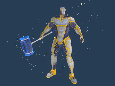 Blue Yellow White Armored Character Holding Large Hammer With Flying Debris On Dark Blue Background 3d model