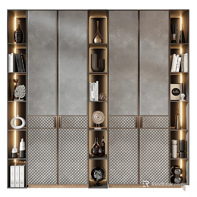 Modern Built in Shelves With Books Vases Decorative Items And Lighting 3d model 