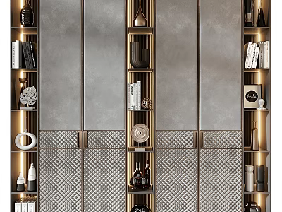 Modern Built in Shelves With Books Vases Decorative Items And Lighting 3d model