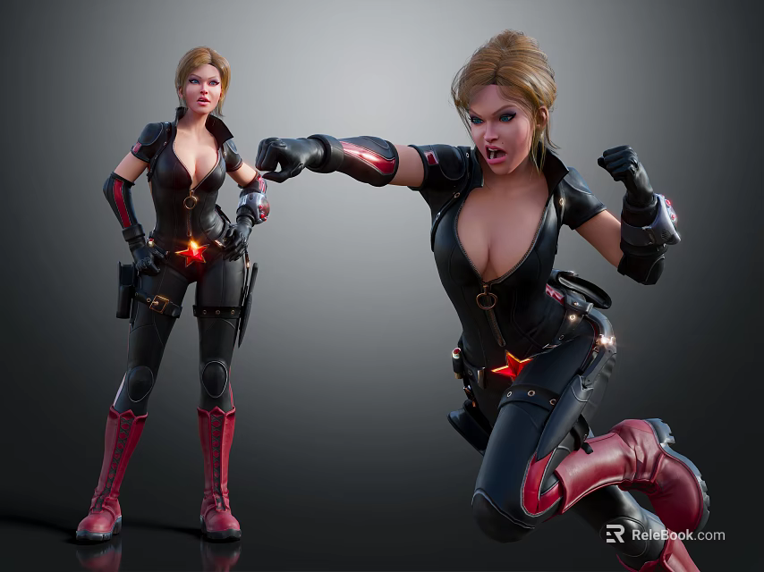 Game Movie Female Character In Black Red Tight Costume Dynamic Fighting Pose With Pistol Holster 3d model 