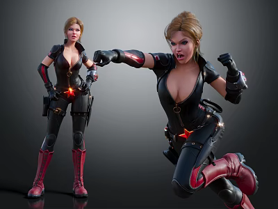 Game Movie Female Character In Black Red Tight Costume Dynamic Fighting Pose With Pistol Holster 3d model