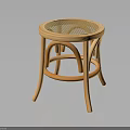 Wooden Rattan Round Stool with Curved Legs and Natural Handcrafted Design