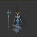 Fantasy Female Character With Blue Silver Armor Horned Head And Transparent Wings