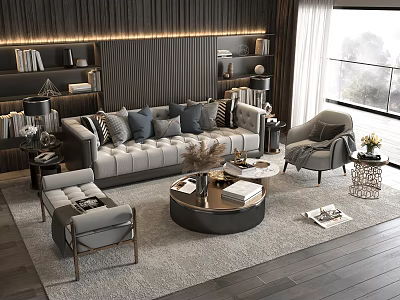 Modern Living Room Sofa Coffee Table Set With Round Table Throw Pillows Bookshelves And Armchair 3d model