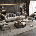 Modern Living Room Sofa Coffee Table Set With Round Table Throw Pillows Bookshelves And Armchair