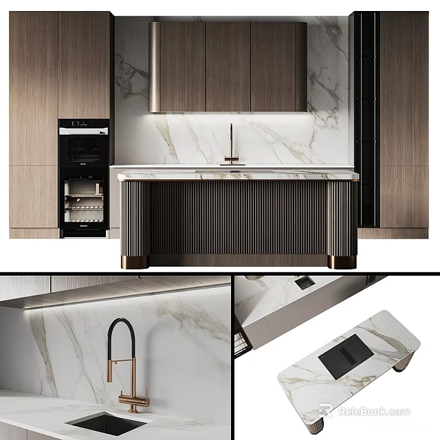 Modern Kitchen Interior With Wooden Cabinets Marble Countertop And Island Range Hood 3d model 