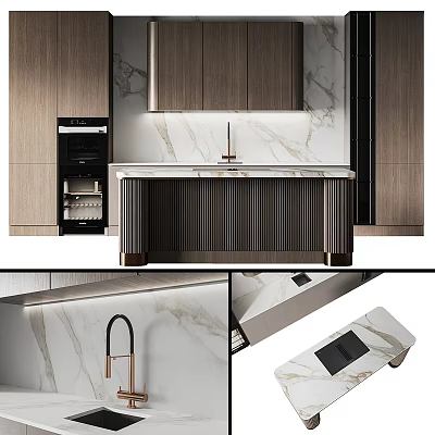 Modern Kitchen Interior With Wooden Cabinets Marble Countertop And Island Range Hood 3d model