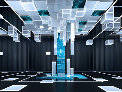 Futuristic Tech Interior With Transparent Blue Ceiling Cubes Dark Walls And Reflective Blue Floor 3d model