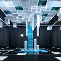 Futuristic Tech Interior With Transparent Blue Ceiling Cubes Dark Walls And Reflective Blue Floor