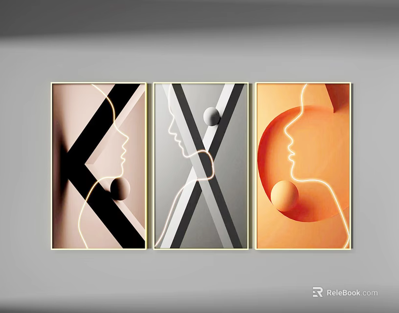 Modern Abstract Triptych Wall Art With Face Profiles Geometric Lines And Circular Elements 3d model