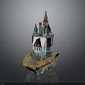 Fairy Tale Castle Model With Multiple Spires And Colorful Tower Design On Rock Base