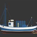 Blue And White Fishing Ship With Mast And Equipment