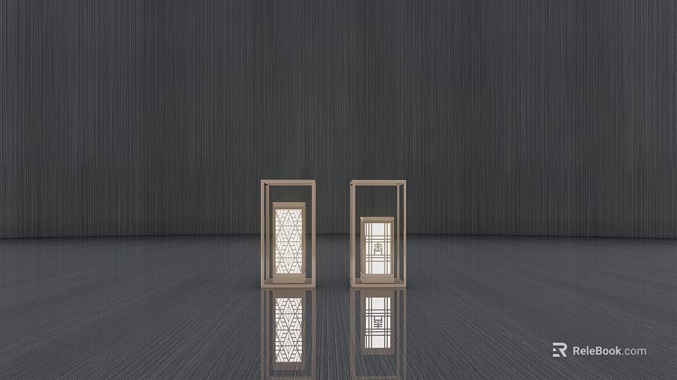 Two Modern Outdoor Lights With Square Frame Lattice Design Dark Wooden Background And Reflective Floor 3d model 