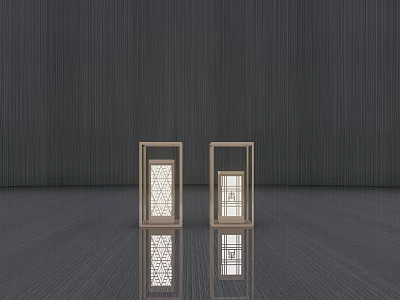 Two Modern Outdoor Lights With Square Frame Lattice Design Dark Wooden Background And Reflective Floor 3d model