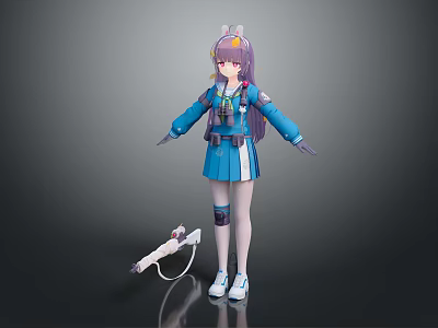 Anime Style Character With Purple Hair Blue Uniform And White Robotic Creature Companion 3d model