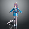 Anime Style Character With Purple Hair Blue Uniform And White Robotic Creature Companion