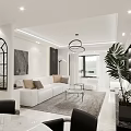 Modern Living Dining Room Interior Design With White Sofa Round Coffee Tables And Pendant Light