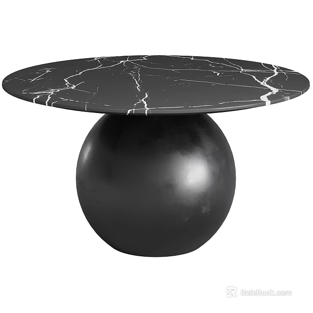 Stylish Round Dining Table With Black Marble Top Supported By Black Sphere Base 3d model