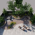 Serene Garden Landscape With Mature Trees Patio Seating Lush Plants And Stone Pathway