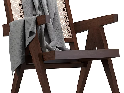Wooden Frame Leisure Chair With Woven Backrest And Gray Blanket On Armrest 3d model