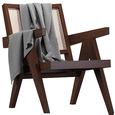 Wooden Frame Leisure Chair With Woven Backrest And Gray Blanket On Armrest 3d model