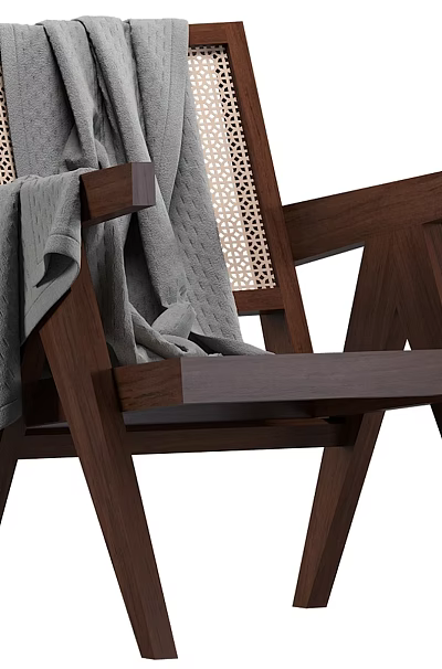 Wooden Frame Leisure Chair With Woven Backrest And Gray Blanket On Armrest 3d model